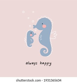 Mother's Day Vector Cards. Cute Sea Horse Mom And Baby.