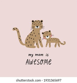 Mother's Day vector cards. Cute Leopard mom and baby.