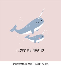 Mother's Day vector cards. Cute Narwhal mom and baby.