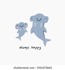 Mother's Day Vector Cards. Cute Hammerhead Shark Mom And Baby.