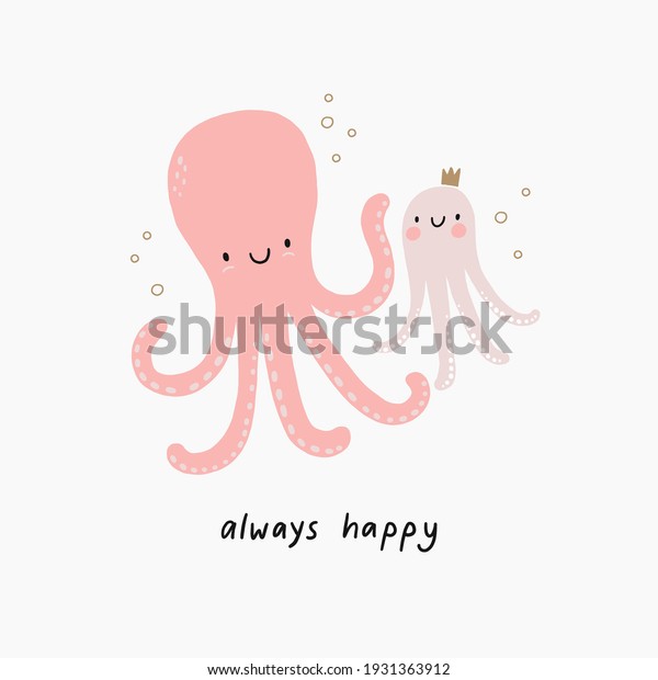 Mother\'s Day\
vector cards. Cute octopus mom and\
baby.
