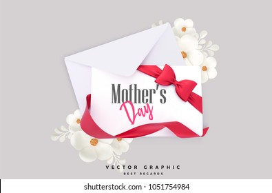 Mother's Day vector concept, gift card and envelope isolated on white background, girly holiday banner template or gift certificate, 