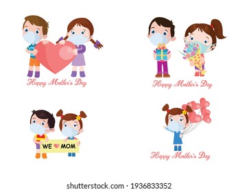 Mother's Day Vector concepts: Cute children cartoon character celebrating mother's day while wearing face mask and holding surprise gift to their mother