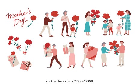 Mother's Day vector flat illustration set. Carnations, family, mothers, etc.