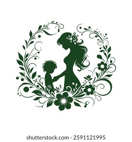 A Mother's Embrace—Heartfelt Mother's Day Vector with Floral Swirls