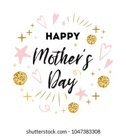 Mothers Day vector greeting card. Romantic hand drawn ornament. Text Happy Mothers day Typography print in pink gold colors Design calligraphy phrase for banner, invitation, symbol, congratulation