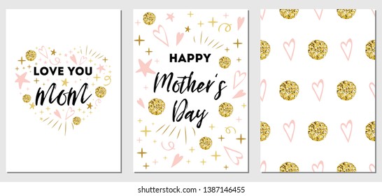 Mothers Day vector greeting card set Romantic abstract hand drawn ornament Text love you mom Happy Mothers day Typography print in pink gold glitter colors Pink seamless background Vector illutration.