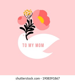 Mothers Day vector greeting card with white bird holding pastel color flower