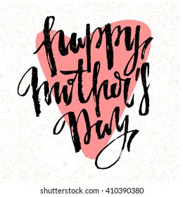 Mothers Day vector greeting card calligraphy lettering template. Modern lettering, hand drawn letters. happy mothers day script lettering. pink heart with text. Trendy style.