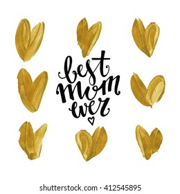 Mothers Day vector greeting card calligraphy lettering template. Modern lettering, hand drawn letters. happy mothers day script lettering. Gold texture.Card design with gold hearts. 