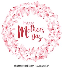 Mother's Day vector greeting card, Mom holiday banner, gift print. Happy holiday wish calligraphy. Round frame with cherry flower blossom flying petals on white. Happy Mother's Day vector poster.