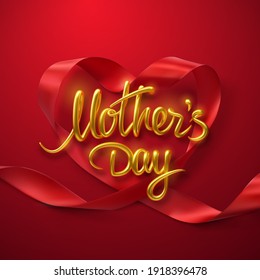 Mothers Day. Vector holiday Illustration. Golden lettering and red ribbon heart. Festive banner design