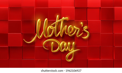 Mothers day. Vector holiday illustration. 3d golden lettering on red geometric background. Abstract backdrop with random cubic shapes. Typography sign