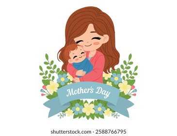 Mother's Day. Vector illustration. Mom and daughter hugging. Hugs. Mother's love