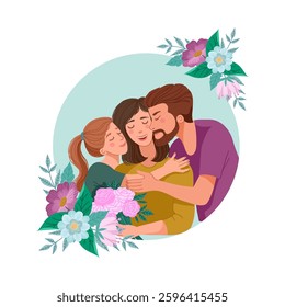 Mothers Day. Vector illustration of mom, daughter, dad and text. Drawing for postcard, flyer or poster 