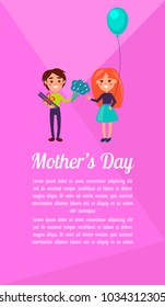 Mothers day vector illustration with small boy presenting gift in box decorated red ribbon and blue flowers to cheerful girl with air balloon