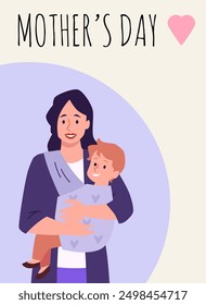 Mother's Day vector illustration with a smiling woman holding a happy child in a baby carrier. Simple, modern vector art with pastel colors and heart detail. Perfect for celebrating motherhood.