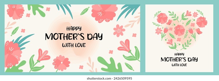 Mother's day vector set - banner and card templates pastel colors. Spring flowers in the shape of a heart.