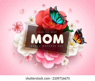 Mothers day vector template design. Best mom ever text with camellia flowers and butterfly element in pink pattern background for mother's day greeting card. Vector illustration.
