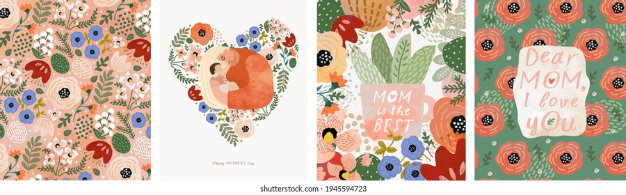 Mothers Day  Vector watercolor illustrations mom  baby  flowers  hearts  pattern   text  Drawings for postcard  poster background