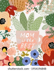 Mothers Day. Vector watercolor illustrations of  flowers, leaves? cup and frame. Drawing for postcard, poster or background