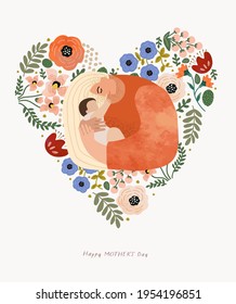 Mothers Day  Vector watercolor illustrations mom  baby  flowers  heart  pattern   text  Drawing for postcard  poster background