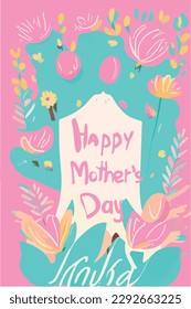 Mothers Day. Vector watercolor illustrations of flowers, frame, pattern and text. Drawing for postcard, poster or background pastel colors