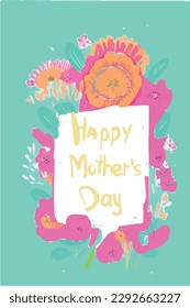 Mothers Day. Vector watercolor illustrations of flowers, frame, pattern and text. Drawing for postcard, poster or background pastel colors