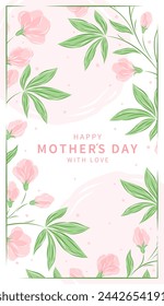 Mother's Day vertical banner with flowers in pastel colors and text. Vector illustration