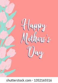Mother's day vertical greeting card design with text and crayon stile hand drawn tulips. Banner with spring flowers on pink background. Top view flowers in pale tender colors.