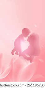 Mother's Day vertical illustration mother holding child with tulips in the foreground