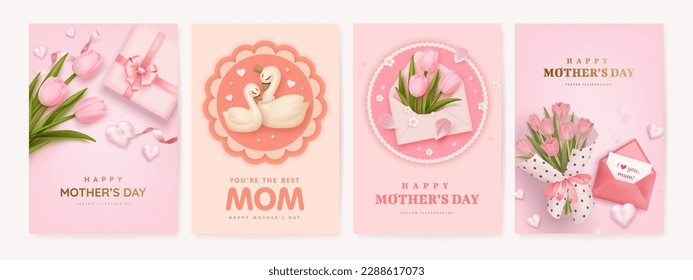 Mother's day vertical poster, banner or greeting card set with envelope, tulips and cartoon swan on pink background