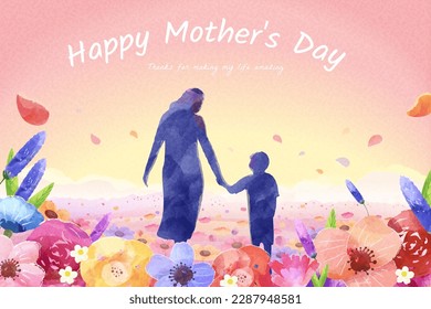 Mother's day watercolor greeting card. Illustrated silhouette of mom holding kid's hand walking in floral garden with flower petals flying on gradient background.