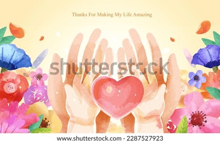 Mother's day watercolor illustration. Mom holding child's hand with a heart in the palms on light yellow background with floral.