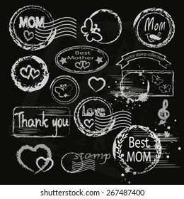 Mother`s day white  stamp set on blackboard. 