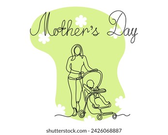 Mothers Day. A woman with a baby carriage. continuous single one line art hand drawing sketch