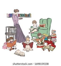 Mothers Day. Woman with her many children reads books in a room with an armchair, wall shelf. Home education. Baby sitter in kindergarten. 