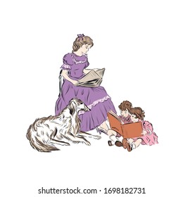 Mothers Day. Woman with her twins children reads books. Baby sitter in kindergarten. Dog guards the hostess's family. Vintage people. Hand drawn clip art. Happy childhood. 