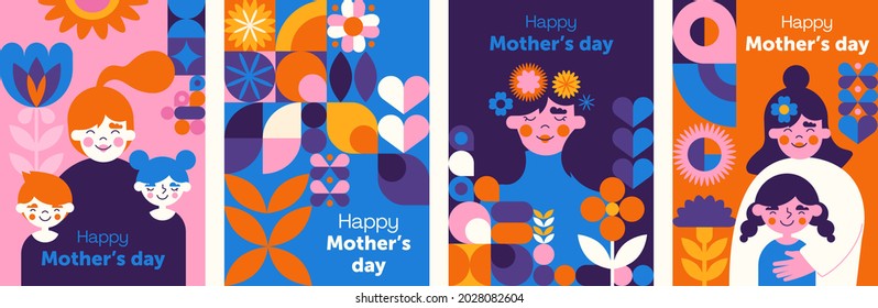 Mothers day. Womens Day. Abstract backgrounds or patterns. Hearts, buds, flowers, geometric shapes. Poster, label, banner, invitation. Mom with a child. Set of flat cartoon vector illustrations