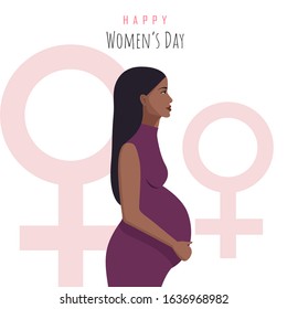 Mothers day, women's day background. Women's day banner, african american woman. Beautiful afro pregnancy woman in heart character