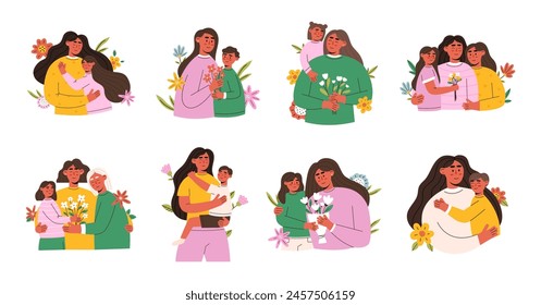 Mothers day, womens day. Beautiful woman holds a baby in her arms, mom hugs her children. Set of flat vector people isolated on white background.