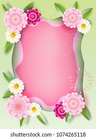 Mother's Day, Women's Day, Valentine's Day, Anniversary, Wedding day greeting card, invitation decorative frame, floral elements, pink background, vector festive decoration, origami, paper cut flowers