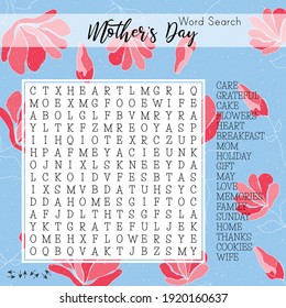 Mother's Day word search puzzle.  Educational game for kids.  Spring crossword suitable for social media post. Сolorful worksheet for learning English words. Vector illustration