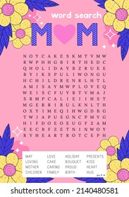 Mother's Day word search puzzle.  Festive crossword suitable for social media post. Сolorful worksheet for learning English words.Fun printable party activities.  Party card. Find 16 hidden words. 