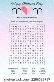  Mother's Day word search puzzle. Educational game. Spring crossword suitable for social media post. Party card. Printable colorful worksheet for learning English words. Vector illustration