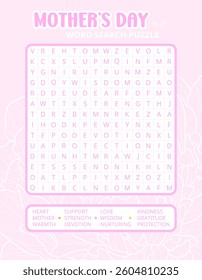 Mother's Day word search puzzle game on a floral background worksheet. Printable family activity for Mother's Day. Educational game for children and adults, learning English vocabulary