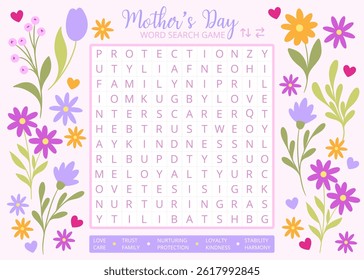 Mother's Day word search puzzle game on a floral background worksheet. May printable activities for learning and development. Educational game for children and adults, learning English vocabulary