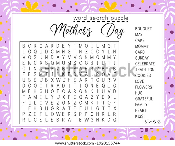 Mother\'s Day word\
search puzzle.  Educational game for kids.  Crossword suitable for\
social media post. Сolorful worksheet for learning English words.\
Vector illustration