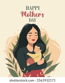 Mother's Day. Young woman holding a baby in her arms, atmosphere of warmth, love and care surrounded by nature. Vector illustration emphasizes family values ​​and the bond between mother and child