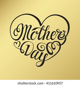 Mothers Day.Typographic card.Mother's day Lettering in gold heart shape.Vector Design,background.Holiday handwriting text,isolated on white.Beautiful lighting texture,black font.Invitation,poster